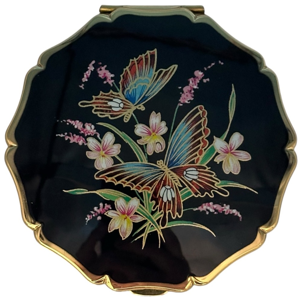 Vintage Compact Stratton England Black GoldTone Butterflies Lilies Pat.764125 - Picture 10 of 10